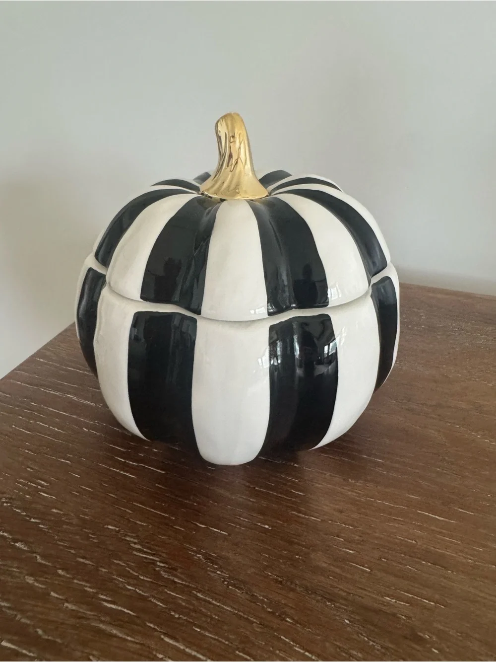 10 Strawberry Street black & white striped ceramic pumpkin canister jar